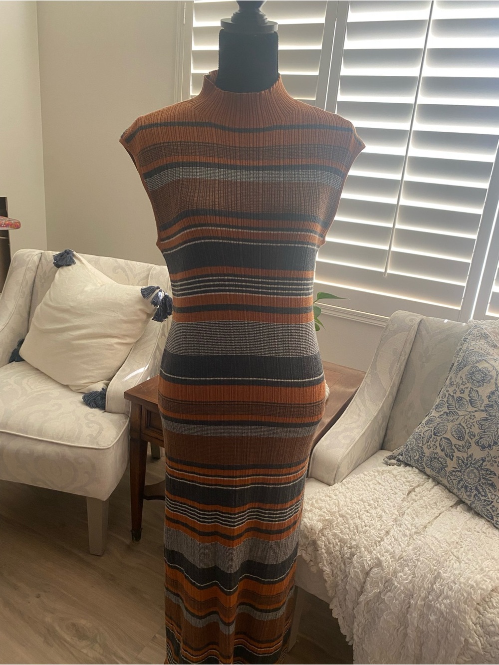 House of Harlow 1960 Striped Classic  Ribbed Maxi Dress in Rust and Gray